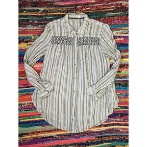 Anthropologie Floreat Northfork Smocked Front Long Sleeve Button Down Shirt S